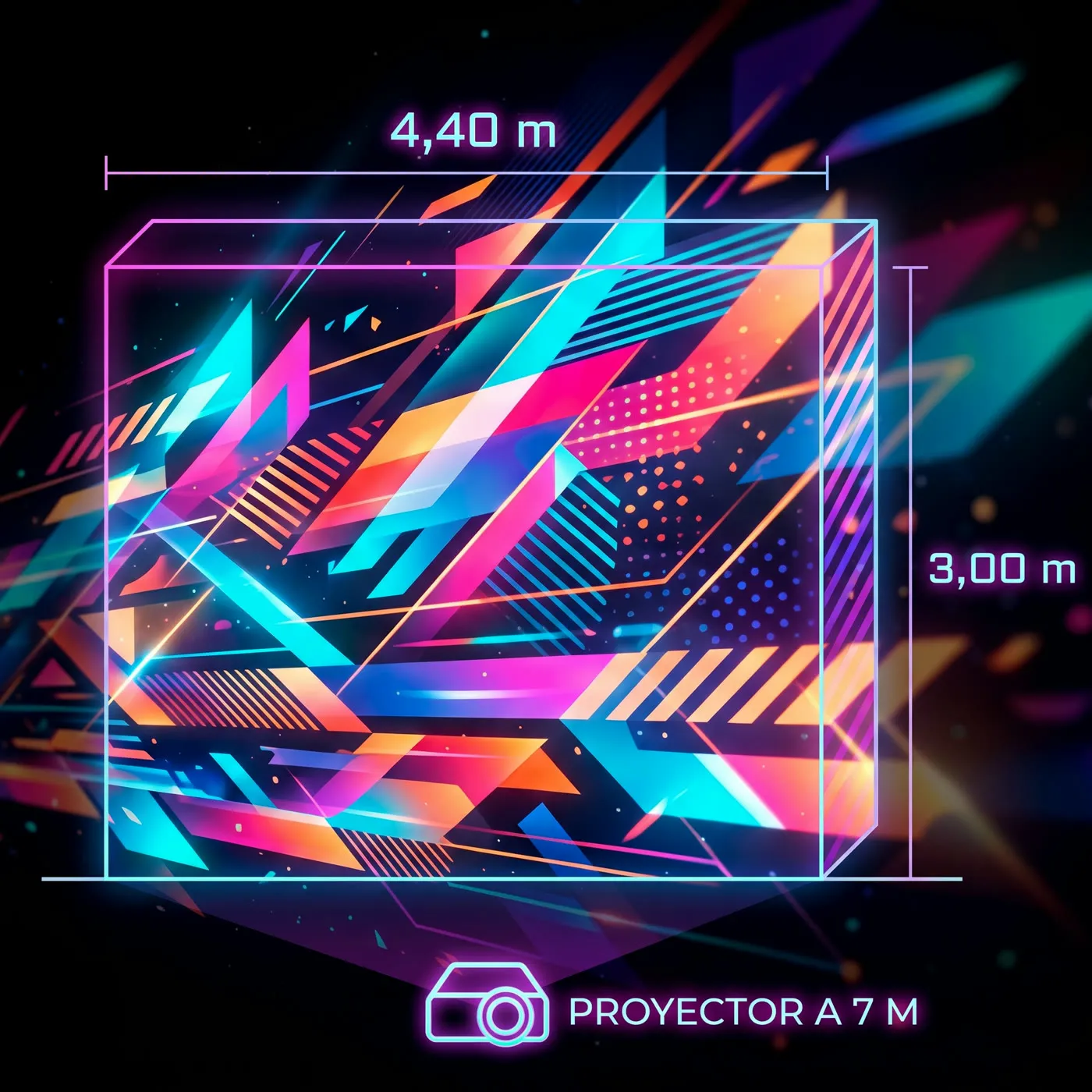 Infografía: cabina DJ de 4,40 × 3,00 m con el proyector a 7 m
