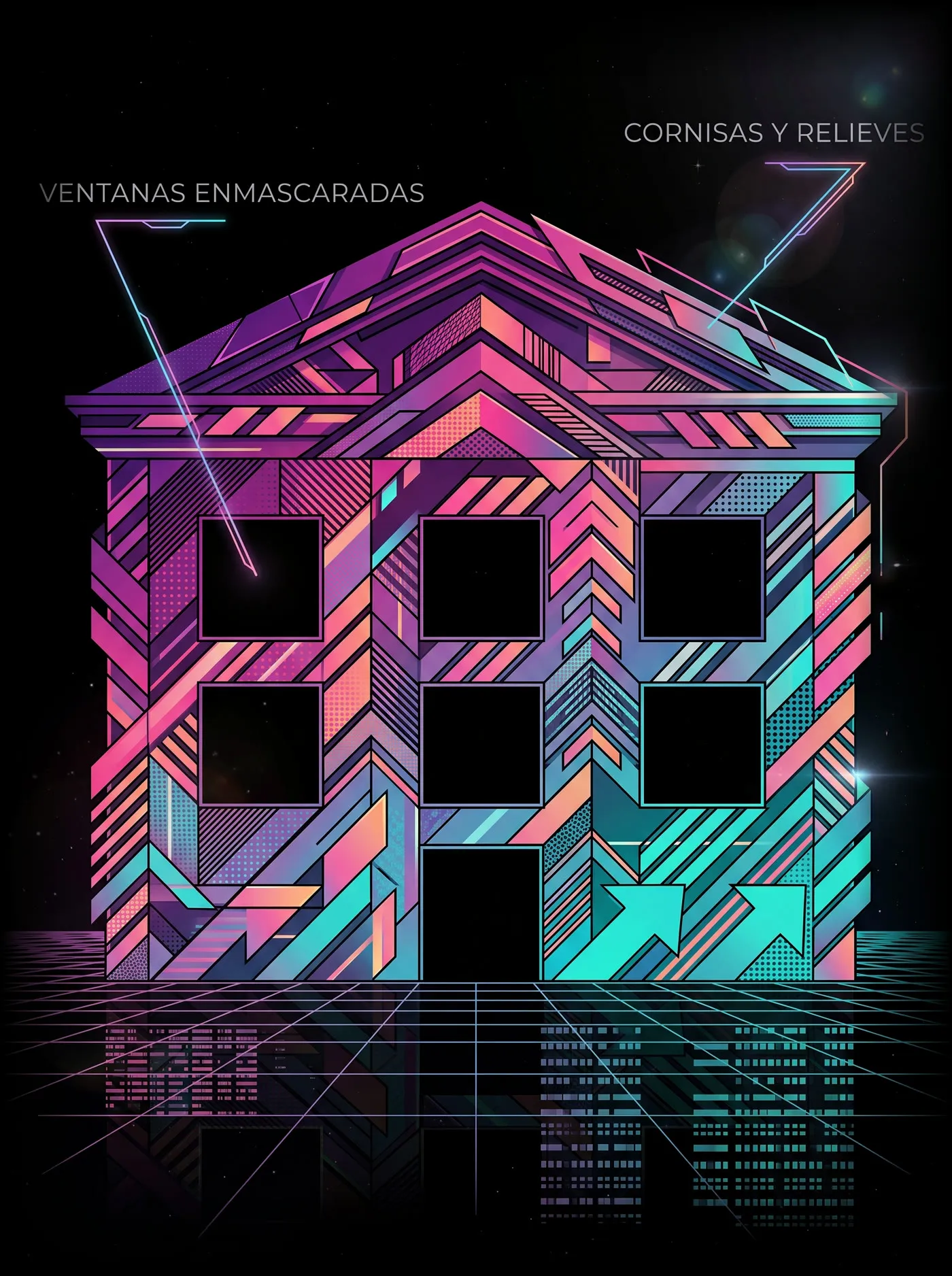 Infografía: fachada con ventanas enmascaradas, cornisas y relieves